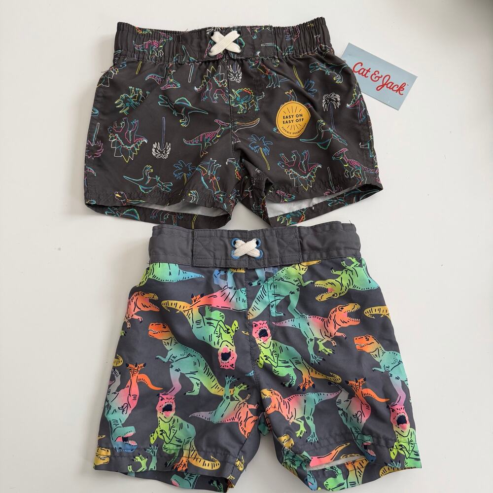 2x Cat & Jack rainbow dinosaur print gray swim trunks board shorts with liner